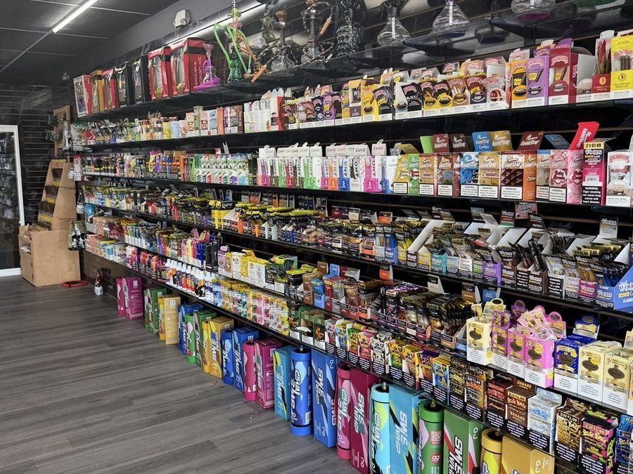 Wraps, accessories, and products on display at a Virginia smoke shop